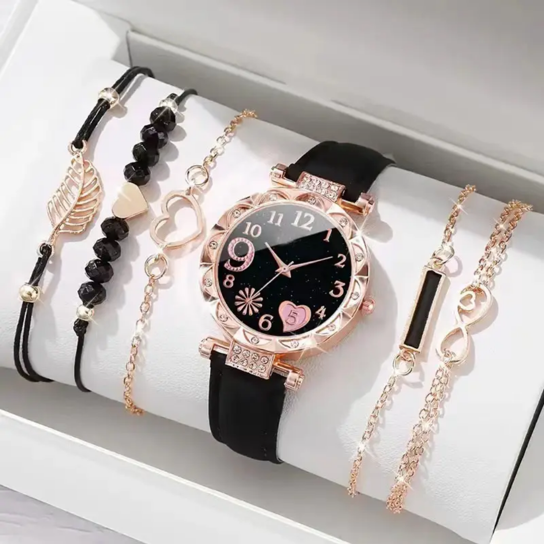 6PCS Set Watch for Women Luxury Leather Analog Ladies Quartz Wrist Watch Fashion Bracelet Watch Set Female